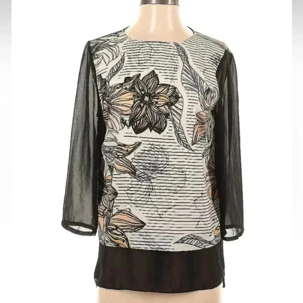 DKNYC Brown & Black Striped Floral Long Sleeve Blouse Size S Small